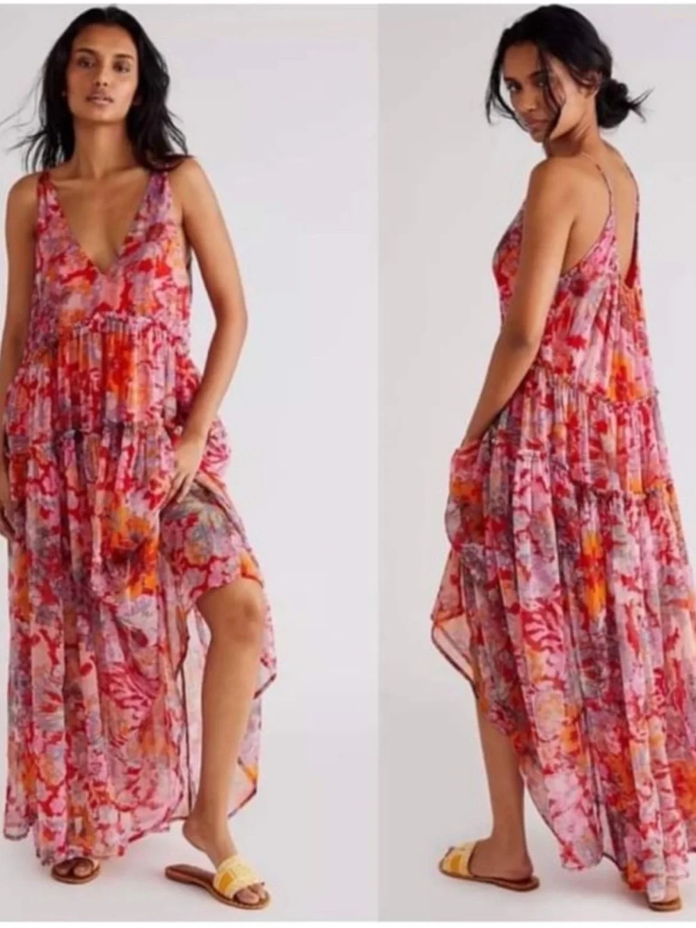 Free People Pink Orange Floral V-Neck Tiered Maxi Dress